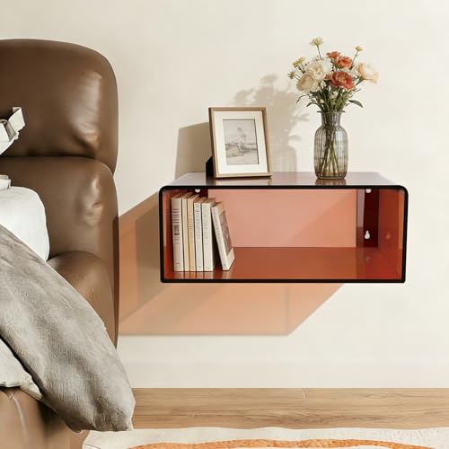Acrylic Floating Nightstand Wall Mounted, Brown Bedside Table Modern Shelf for Bedroom Living Room Bathroom, Safe Rounded Corners
