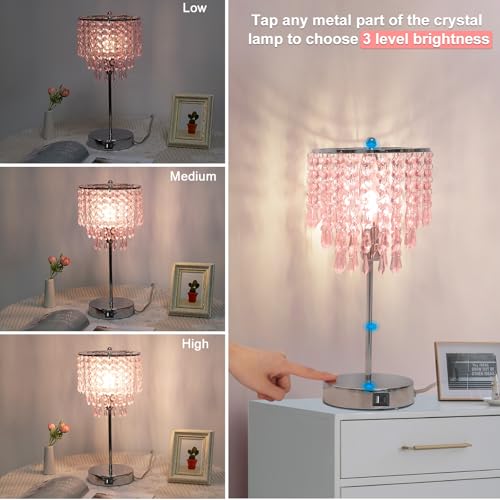 Touch Bedside Lamp with USB C+A Ports, Silver with Pink Crystal Shade | 3-Way Dimmable Crystal Table Lamp, Nightstand Light for Girl Room, Desk Lamp for Bedroom Living Room, B11 LED Bulb Included - color: Pink