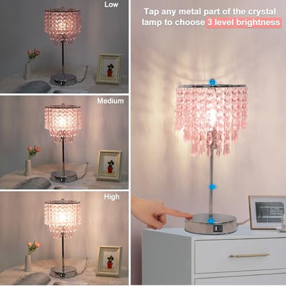 Touch Bedside Lamp with USB C+A Ports, Silver with Pink Crystal Shade | 3-Way Dimmable Crystal Table Lamp, Nightstand Light for Girl Room, Desk Lamp for Bedroom Living Room, B11 LED Bulb Included - color: Pink