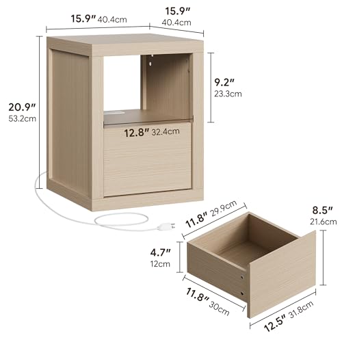 Wabi-sabi Style Nightstand, Modern Bedside Table with Charging Station,Thickened Wood End Table with Drawer Storage & Open Shelf, Night Stand for Bedroom,Light Grey Oak - color: Light Grey Oak