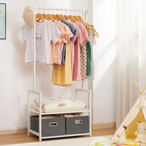 Bamboo Kids Clothing Rack: Holds Up To 121 Lbs of Dress-Up Clothes | 2 Adjustable Hanging Rods & 2 Storage Baskets With Shelf - Child Garment Holder for Playroom & Toddler Bedroom (White) - color: White