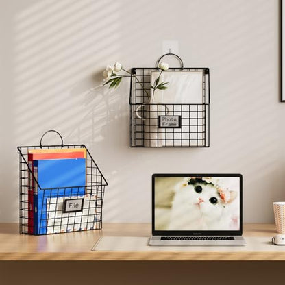 4 Packs Hanging Wall File Organizer with Hooks, Magazine Rack ,Mail Basket | Metal Wall Mounted File Holder Folder with Handles , Home Office Organization for Papers Book, No Assembly Required, Black