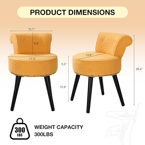 Vanity Chair with Back, Sherpa Stool with Tufted Backrest & Gold Nailhead Trim, Round Vanity Seat for Bedroom and Bathroom Makeup, Support 220lbs, Easy Assembly (Yellow) - color: Yellow