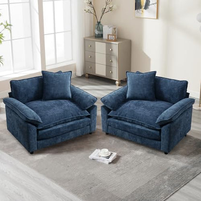 Modern Oversized Chair Set of 2, Comfy Chenille Accent Chair Large Upholstered Armchair with Extra Thick and Deep Seat Lounge Chair for Living Room,Bedroom,Apartment (Blue) - color: Blue, size: 2