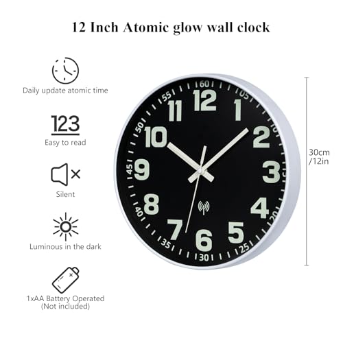 Atomic Wall Clock with Glow in the Dark Night Light 12" | Wall Clock Battery Operated, Easy to Read, Analog Clock, Luminous Numerals, Lighted up,Home Decor, for Bedroom Living Room