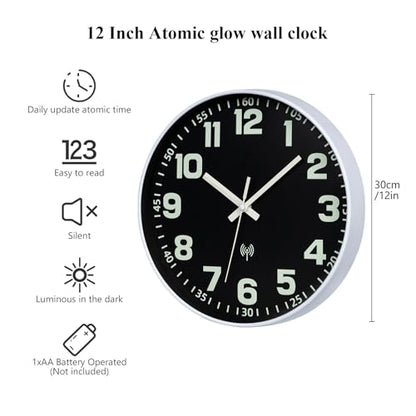 Atomic Wall Clock with Glow in the Dark Night Light 12" | Wall Clock Battery Operated, Easy to Read, Analog Clock, Luminous Numerals, Lighted up,Home Decor, for Bedroom Living Room