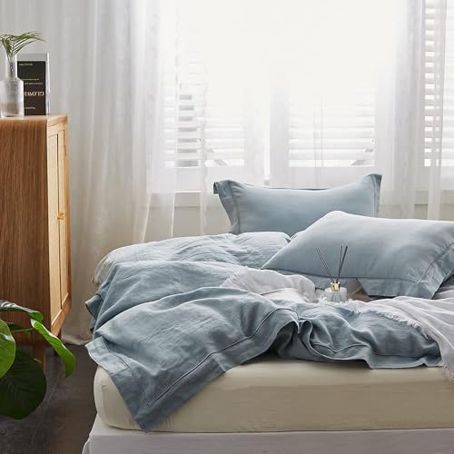 Simple&Opulence 100% Washed Linen Duvet Cover Set with Embroidered,3 Pieces Soft Farmhouse Comforter Set with Button Closure,1 Duvet Cover and 2 Pillowshams(Queen,Dusty Blue) - color: Embroidery Dusty Blue, size: Queen