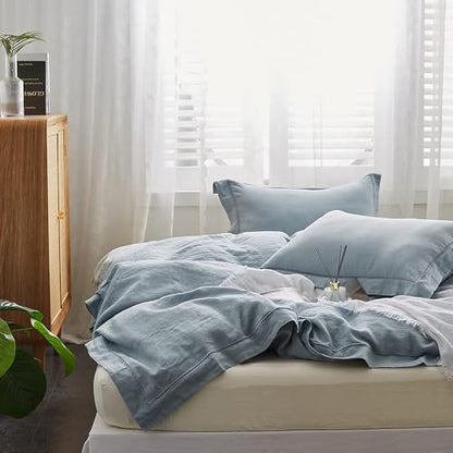 Simple&Opulence 100% Washed Linen Duvet Cover Set with Embroidered,3 Pieces Soft Farmhouse Comforter Set with Button Closure,1 Duvet Cover and 2 Pillowshams(Queen,Dusty Blue) - color: Embroidery Dusty Blue, size: Queen