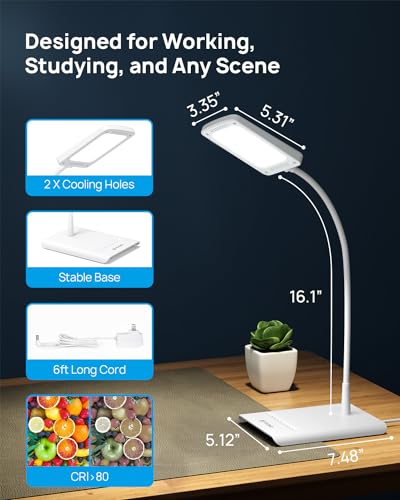 TROND Desk Lamp, Dimmable Eye-Caring Table Lamp, Memory Function, White | 3 Color Modes 7 Brightness Levels, Flexible Gooseneck, Touch Control, Desk Light for Home Office Dorm Room Essentials - color: White
