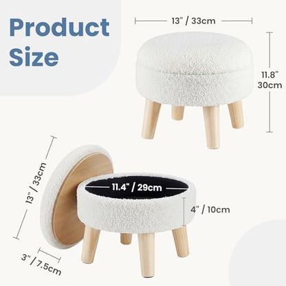 DUMOS Round Storage Ottoman with Reversible Tray Lid, Multi-Functional Footrest, Teddy Velvet Footstool with Wood Legs, Small Coffee Table for Living Room, Bedroom, Beige - color: Beige