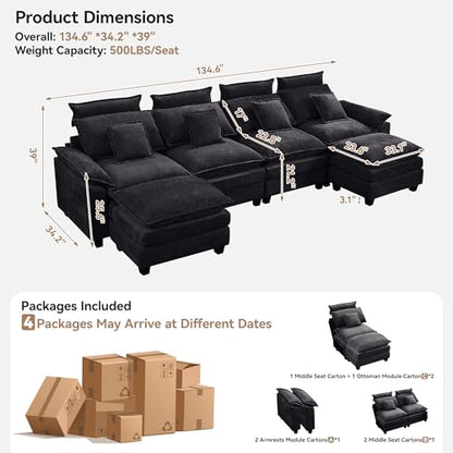 134'' Cloud Modern 4 Seater Couch with Detachable Headrest, Modular Sectional Sofa with 2 Ottoman, Oversized U Shape Chenille Comfy Sofa with Armrests for Living Room, Dark Grey - color: Dark Grey, size: U Shaped Couch