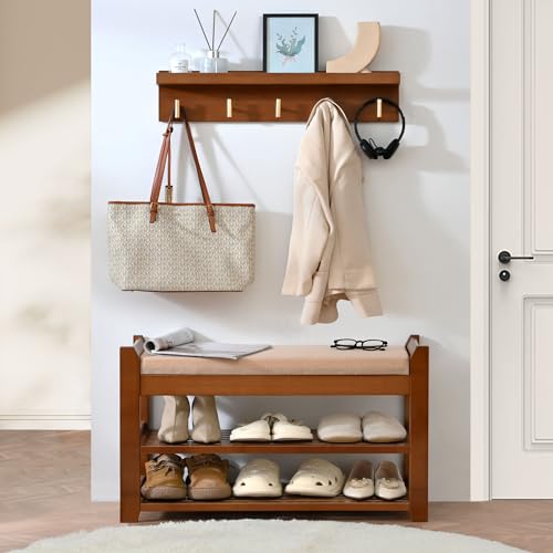 PETKABOO Shoe Rack for Front Door Entrance, 28” Entryway Bench with Coat Rack, Hall Tree Shoe Bench with Storage for Entry, Hallway, Bedroom, Living Room - color: Brown, style: 28 in with hook