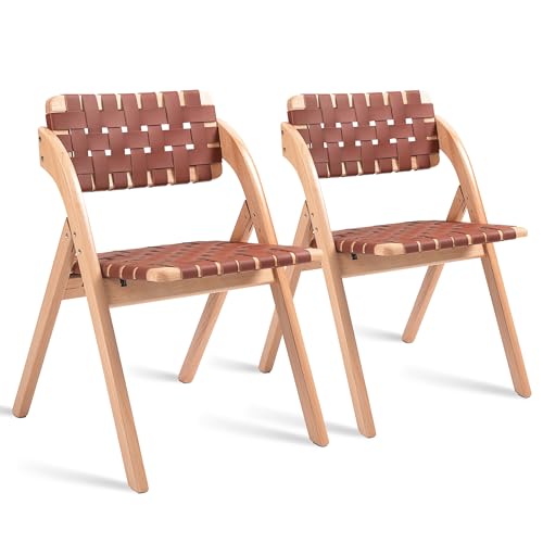 Folding Dining Chairs Set of 2 | Wooden Foldable Chair with Leather-Woven Backrest and Widened Seat Extra for Guests Kitchen Office Wedding Picnic Brown - color: Brown With Leather Strap, size: 2PCS
