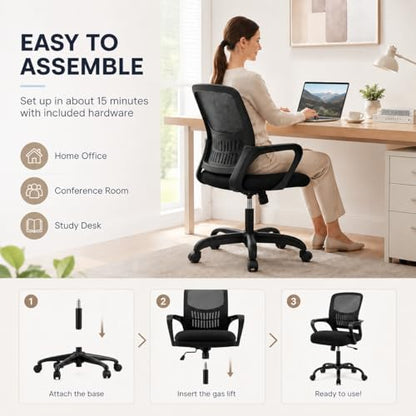 Ergonomic Office Chair, Home Office Desk Chair, Game Chair with Lumbar Support, Breathable Mesh Chairs, Swivel Desk Chairs for Computer, Home, Office, 360° Swivel (Blank) - color: Black With Fixed Armrest