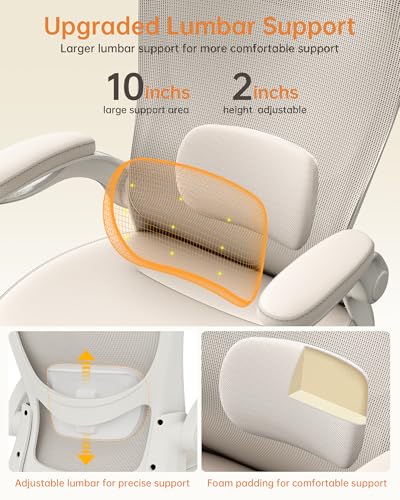 Office Chair, PU Leather Ergonomic Desk Chair with Adjustable Lumbar Support and Flip up Armrest, Breathable Mesh Computer Chair for Home Office, Khaki - color: Cream Khaki (Pu Leather Seat)