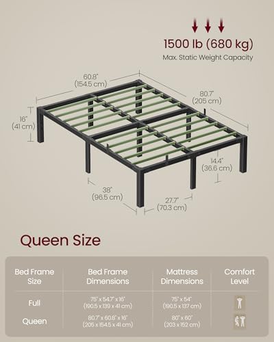 VASAGLE Superfast Assembly, Metal Queen Bed Frame, Heavy-Duty Platform Bed Frame Queen Size, 1500 lb Weight Capacity, Steel Slats, No Box Spring Needed, Ink Black and Forest Green URMB871B01 - size: Queen Size, style: 16 Inch