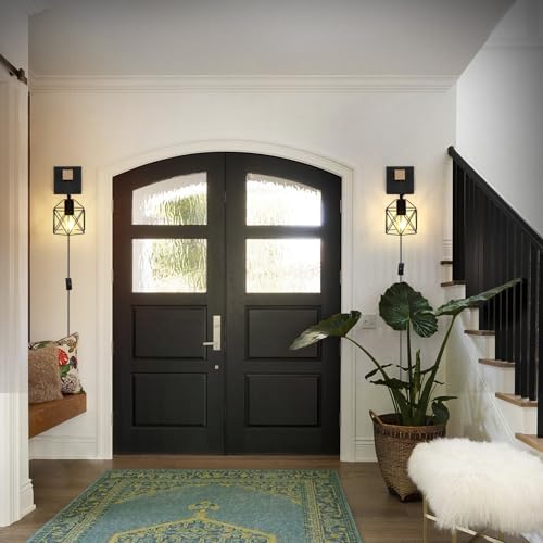 Lightess Farmhouse Plug in Wall Sconces Lamps for Bedroom Set of 2 | Easy Plug In Installation Without Wiring Work Industrial Wall Lights Metal Cage Lampshade Black Wall Mounted for Living Room - size: plug in