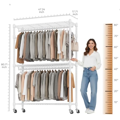 BATHWA Clothes Racks for Hanging Clothes, 25 mm tube Heavy Duty 47.3" W x 17.7" D x 80.7" H Large Wardrobe Rack with Shelves & Wheels Rolling Metal Commercial Multifuctional, White - color: White, size: Upgraded & Large