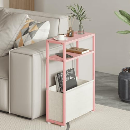 Leomonio Narrow Side Table, Slim End Tables with Fabric Basket, Skinny Table for Small Spaces, Thin Bedside Table for Living Room, Bedroom (1, Jelly Pink + Cream White) - color: Jelly Pink + Cream White