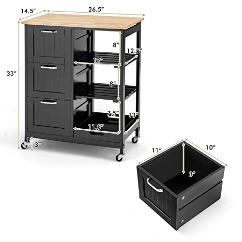 COSTWAY Kitchen Storage Island Cart on Wheels, Kitchen Rolling Trolley Cart with 3 Drawers and Shelves, 360° Wheels & Detachable Tray, Utility Cart for Dining Room, Living Room & Bedroom (Black) - color: Black