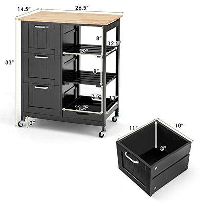 COSTWAY Kitchen Storage Island Cart on Wheels, Kitchen Rolling Trolley Cart with 3 Drawers and Shelves, 360° Wheels & Detachable Tray, Utility Cart for Dining Room, Living Room & Bedroom (Black) - color: Black