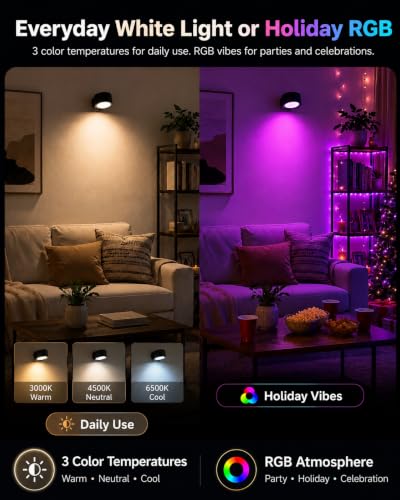 LED Wall Mounted Lights, Rechargeable Wall Sconces, 3 Color Temps, Remote & Touch, 360° Rotating and Dimmable for Bedroom, Bedside & Reading (Black-RGB, 2 Pack) - color: Black-RGB