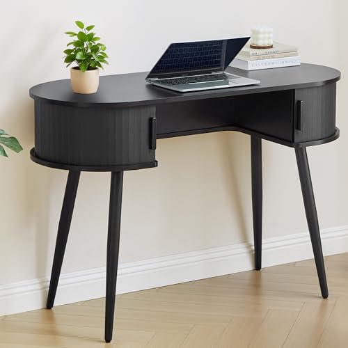 43" Mid-Century Writing Desk with Storage, Mid-Century Modern Home Office Wood Writing Desk for Bedroom, Small Table Compact Workstation for Living Room, Study (Black) - color: Black-43 Inch
