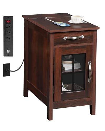 WLIVE End Table with Charging Station, Narrow Nightstand for Living Room, Farmhouse Night Stand with Storage, Small Wooden Cabinet Side Table with USB Ports and Outlets, 23.62"D x 13.78"W x 23.62"H - color: Espresso