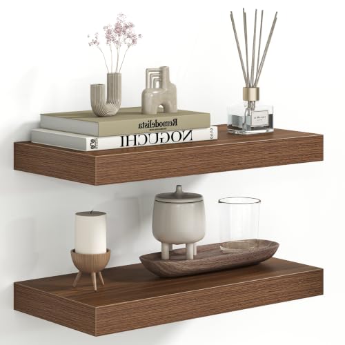 Fun Memories 16 Inch Floating Shelves - Deep Rustic Wooden Wall Shelves - Extra Deeper & Thicker Wall Mounted Storage Shelf for Bedroom, Kitchen, Farmhouse - 2 Pack, Walnut - color: E. Walnut, size: 16 x 8 Inch
