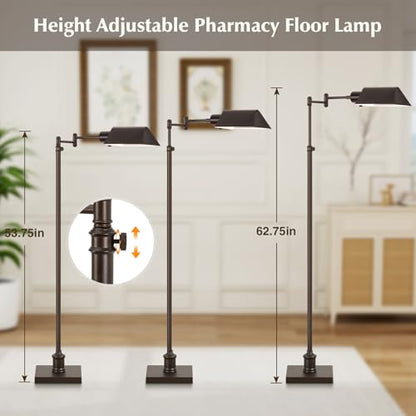Traditional Height Adjustable Pharmacy Floor Lamp with 350° Swing Arm, Color Temperature Adjustable Standing Lamp Metal Shade for Living Room Reading House Bedroom Home Office(Bronze) - color: Bronze