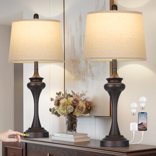 Rinweey 30" Brown Table Lamps for Bedroom, 3-Way Touch Control Bedside Lamps Set of 2, Tall Lamp for Living Room with USB A+C Ports, Elegant Coffee Night Stand Lamp for End Table, 2 Bulbs Included - color: Brown-30"H