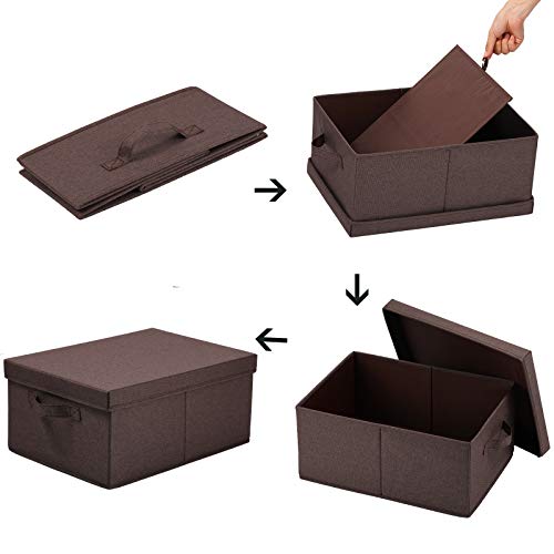 HOONEX Linen Foldable Storage Bins with Lids, 2 Pack, Storage Boxes with Carrying Handles and Sturdy Heavy Cardboard, 16.5" L x 11.8" W x 7.5" H for Shoes, Clothes, Brown - color: Brown