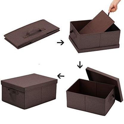 HOONEX Linen Foldable Storage Bins with Lids, 2 Pack, Storage Boxes with Carrying Handles and Sturdy Heavy Cardboard, 16.5" L x 11.8" W x 7.5" H for Shoes, Clothes, Brown - color: Brown