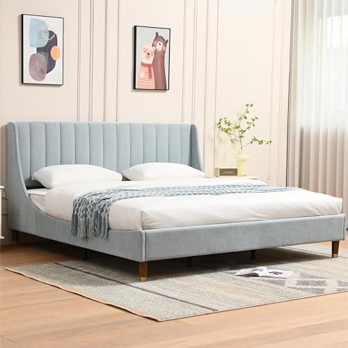 YUHUASHI Queen Size Bed Frame with Linen Fabric Twin Wingback Headboard, Upholstered Platform Bed with Wooden Slat Support, Noiseless, No Box Spring Required (Light Blue, King) - color: Light Blue, size: King