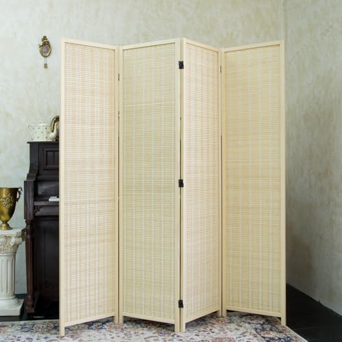 4 Panel Bamboo Room Divider - 5.6 ft Tall Folding Privacy Screen, Natural Beige Freestanding Partition Wall for Home Office & Room Separation (67" H x 61.4" W) - color: Beige, size: 4 Panel