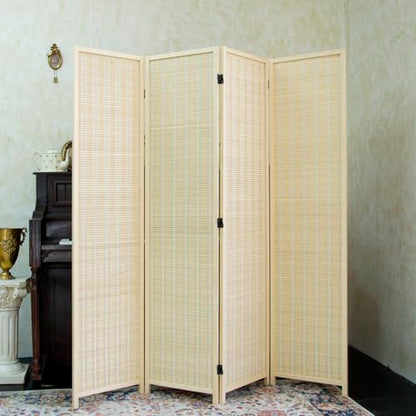 4 Panel Bamboo Room Divider - 5.6 ft Tall Folding Privacy Screen, Natural Beige Freestanding Partition Wall for Home Office & Room Separation (67" H x 61.4" W) - color: Beige, size: 4 Panel