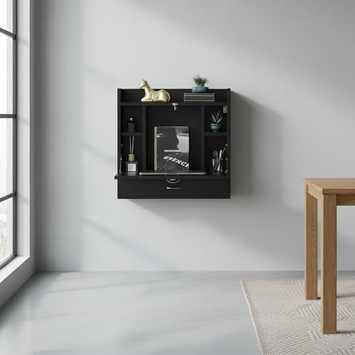 Wall Mounted Folding Desk - Space Saving Fold Down Desk with Storage Shelves and Drawer, Convertible Floating Laptop Table for Small Spaces, Home Office, 23.75 x 6.75 x 23 in, Black - color: Black