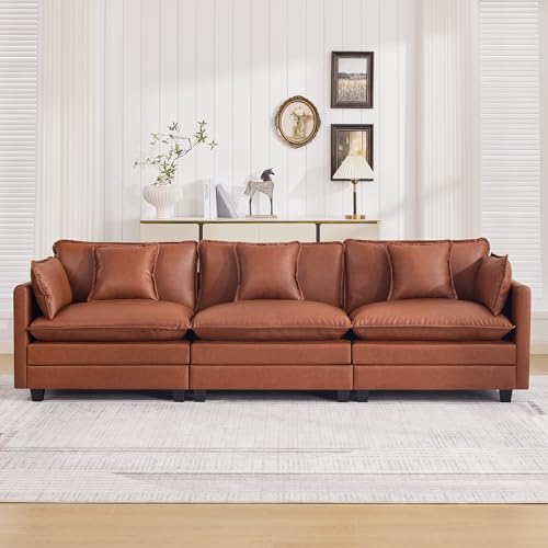 111'' Sectional Cloud Deep Seat Couch, Modern Comfy Leather Modular Sectional Sofa for Living Room Set, Upholstered Modular 3-Seats Sofa Couch, Leather Brown - color: Pu-dark Brown, size: 111'' 3 Seats