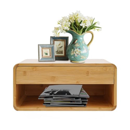 Xuthusman Floating Nightstand，Bamboo Wall Mounted Nightstand with Drawer, Modern Floating Bedside Cabinet, Space-Saving Storage Shelf for Bedroom Living Room Office（Wood Color）