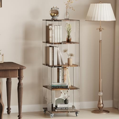 Acrylic Display Shelf with Wheel,4 Tier Bookshelf Storage Rack,Wood Shelves | Clear Acrylic Panels And Wood Shelves Create An Elegant Display Space For Books, Collectibles, Plants And Home Decor. - size: 4-Tier