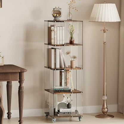 Acrylic Display Shelf with Wheel,4 Tier Bookshelf Storage Rack,Wood Shelves | Clear Acrylic Panels And Wood Shelves Create An Elegant Display Space For Books, Collectibles, Plants And Home Decor. - size: 4-Tier