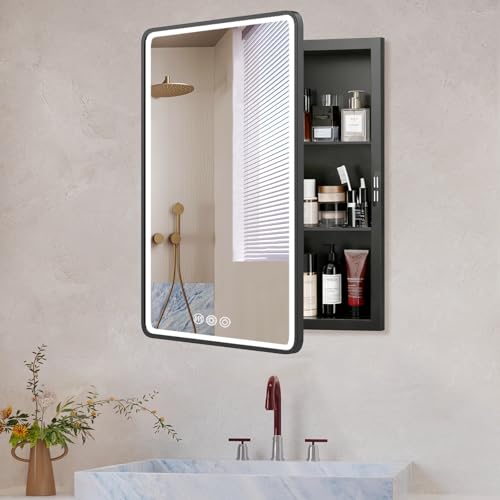 LED Medicine Cabinet Mirror for Bathroom 22x30 Inch, Recessed Medicine Cabinets with Lights, Anti-Fog Bathroom Mirror with Storage, Black Metal Frame, Adjustable Shelves, 3 Color Dimming - size: 22x30