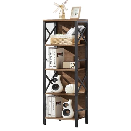 MNEETRUNG Small Bookshelf,5 Tier Industrial Bookshelf with Metal Frame and Backboard,Narrow Rustic Brown Book Shelf,Book case for Small Spaces,Living Room,Bedroom and Home Office - color: Brown, size: 5-Tier (14.9"W x 10.2"D x 48.8"H)
