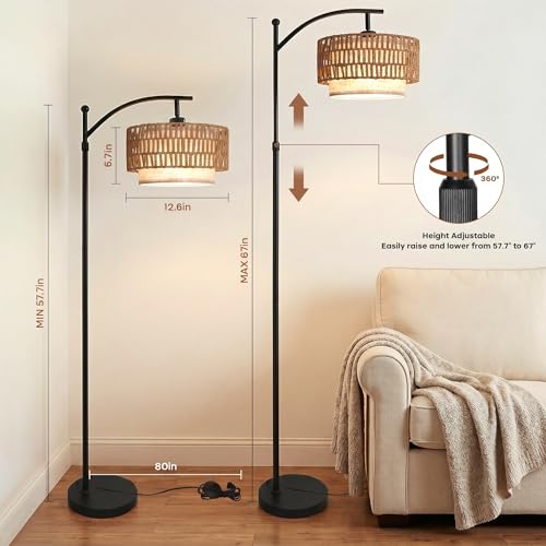 Rattan Floor Lamp with 12W LED Bulb, 57.5"-67" Adjustable Height Boho Standing Lamp, 3 Color Temperatures, Dual Rattan & Fabric Shades, Angle Adjustable Floor Lamp for Living Room Bedroom - style: Bohemian-Black