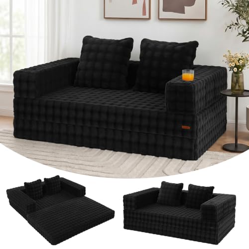 COMAX Futon Sofa Bed, Convertible Sofa Bed, Folding Boneless Couches | Low-Profile Boneless Couch for Living Room, 11.8" H Low Seat Small 59" Foldable Floor Sleeper Mattress Lounge Space‑Saving - color: Black Bubble, size: 59"