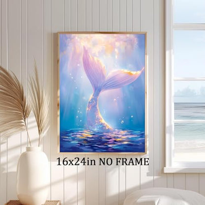 Coastal Beach Wall Art Mermaid Tail Artwork Blue Ocean Prints Trendy Girl Posters Ocean Life Pictures Summer Beach Paintings Trendy Funky Posters Aesthetic Summer Pictures for Room 16x24in Frameless - color: E2Unframed