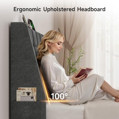 Ergonomic Upholstered Headboard Full Size w/Charging Station, Linen Wingback Headboards w/Storage Pocket, Full Headboard Only, Bed Frame Adapters, Sturdy Stable Solid Wood Bed Head Board, Dark Grey - color: Dark Grey, size: Full