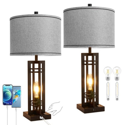 Set of 2 Farmhouse Table Lamps for Living Room,27-inch Bedside Lamps | Grey Shade Desk Lamps with USB A+C Ports, 3-Level Dimmable Touch Light, 4 LED Bulbs Included, Bedroom Home Office Nightstand - color: Gray