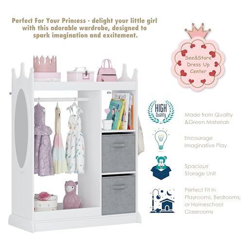 UTEX Kids Dress up Storage with Crown-Shaped Design and 2 Fabric Bins | See and Store Kids Wardrobe, Toddler Dress Up Rack, Open Hanging Armoire Closet, Water-based Paint, Princess Style - color: White