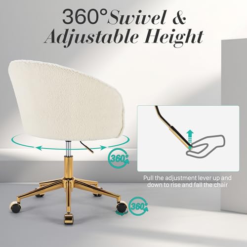 Faux Fur Makeup Vanity Chair,Home Office Desk Chair with Wheels, Blue | Fluffy Swivel Modern Armchair Upholstered Fuzzy Height Adjustable for Teens Women Girls Elegant for Living Room Bedroom - color: Round White+golden Base